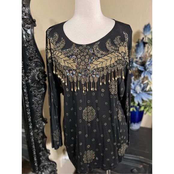 Bali Chic Long Sleeve Embellished Pullover Shirt, Blouse Size One Size - Picture 1 of 4